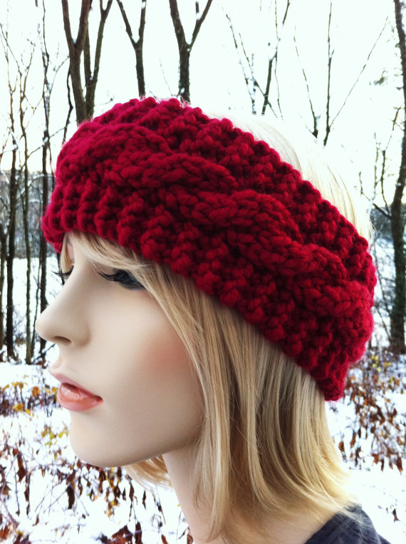 Chunky Cable Headband Earwarmer - Cranberry Red - Made To Order