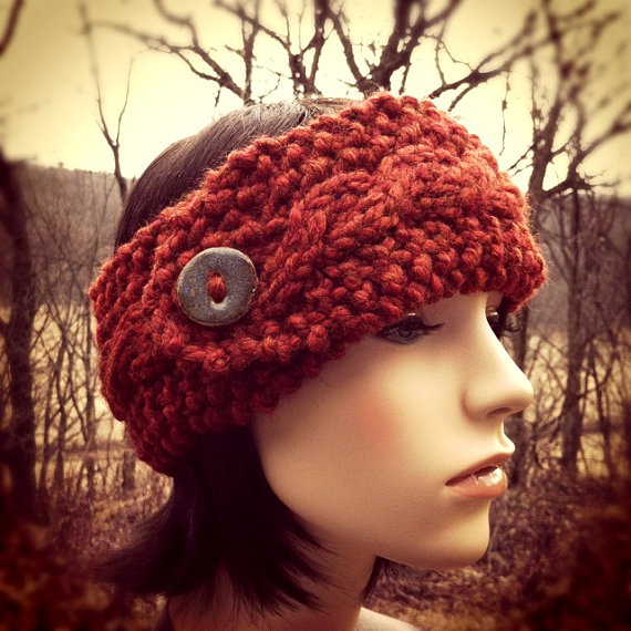Chunky Cable Headband Earwarmer With Artisan Button - Rust - Made To Order