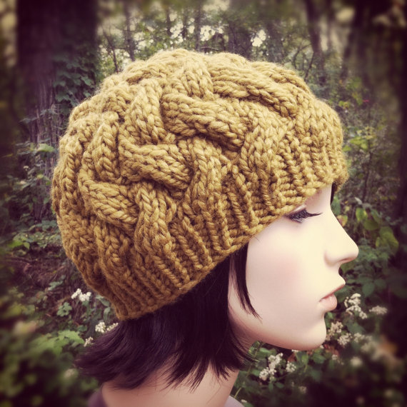 Chunky Woven Cable Hat - Golden Olive - Made To Order