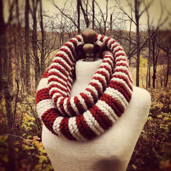 Chunky Infinity Cowl Scarf With Stripes - Rust And Wheat