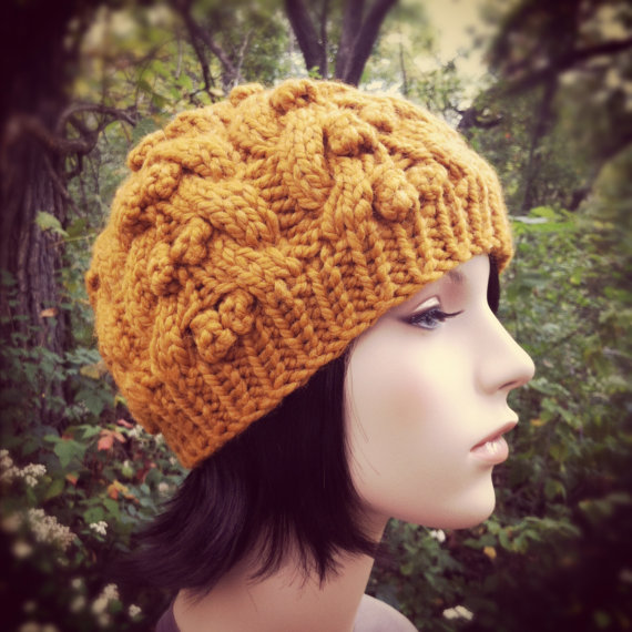 Hand Knit Hat Womens Hat Chunky Cable Beanie - Butterscotch - Made To Order
