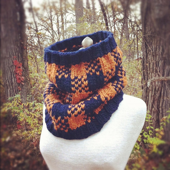Buffalo Check Plaid Cowl - Navy And Apricot - Made To Order