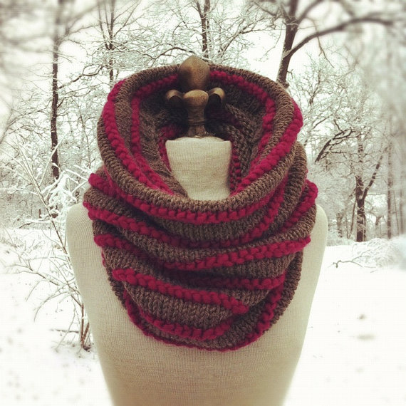 Alpaca Wool Texture Striped Cowl - Taupe And Magenta