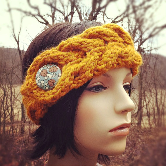 Chunky Braided Cable Headband Earwarmer With Covered Button - Butterscotch - Made To Order