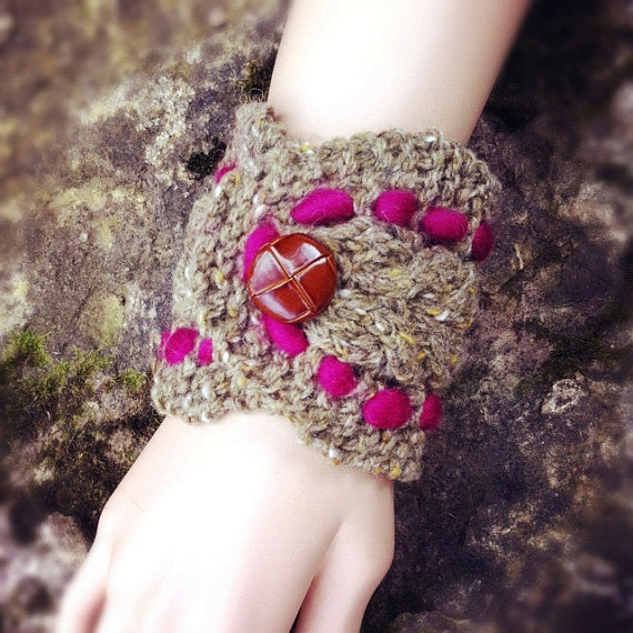 Oversized Cable Cuff With Leather Button - Sage And Magenta Super Discontinued