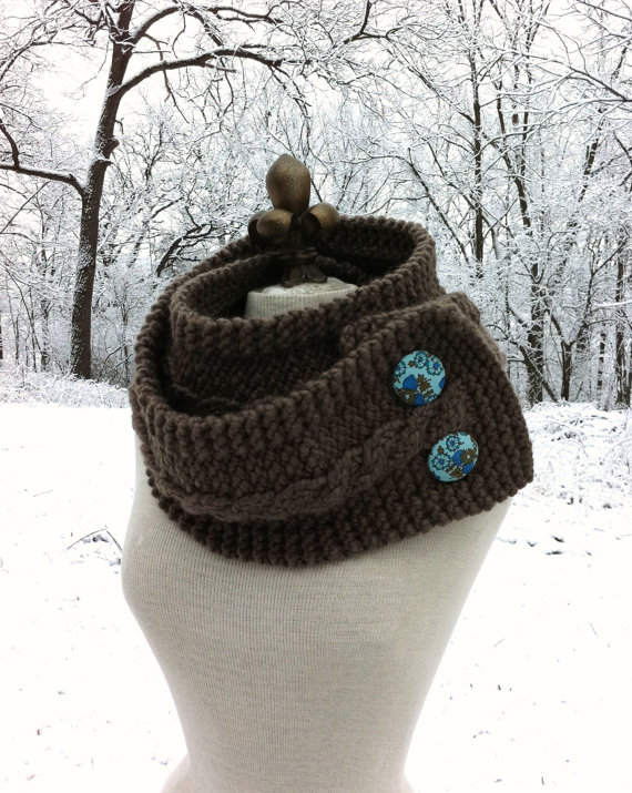 Infinity Scarf Cowl With Vintage Covered Buttons - Taupe