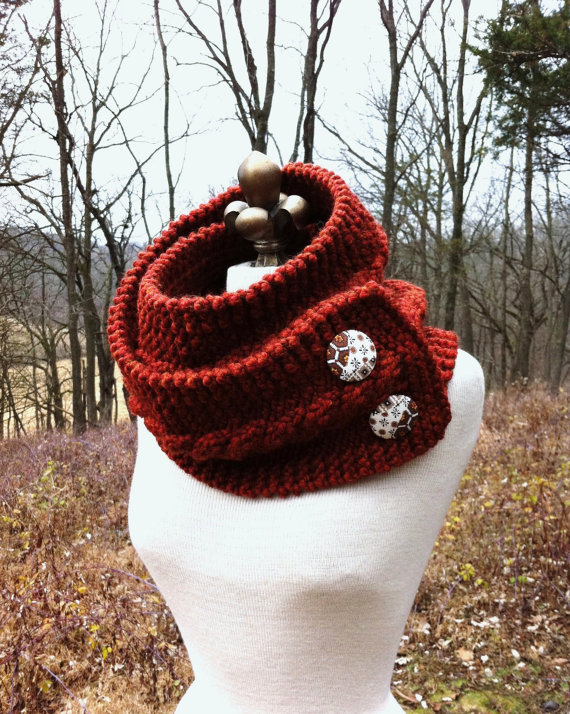 Infinity Scarf Cowl With Vintage Covered Buttons - Rust