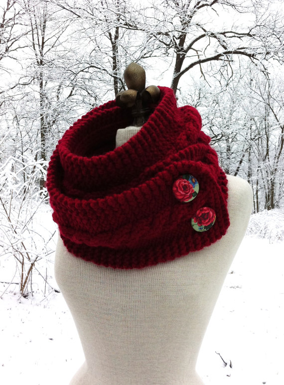 Infinity Scarf Cowl With Romantic Covered Buttons - Cranberry Red