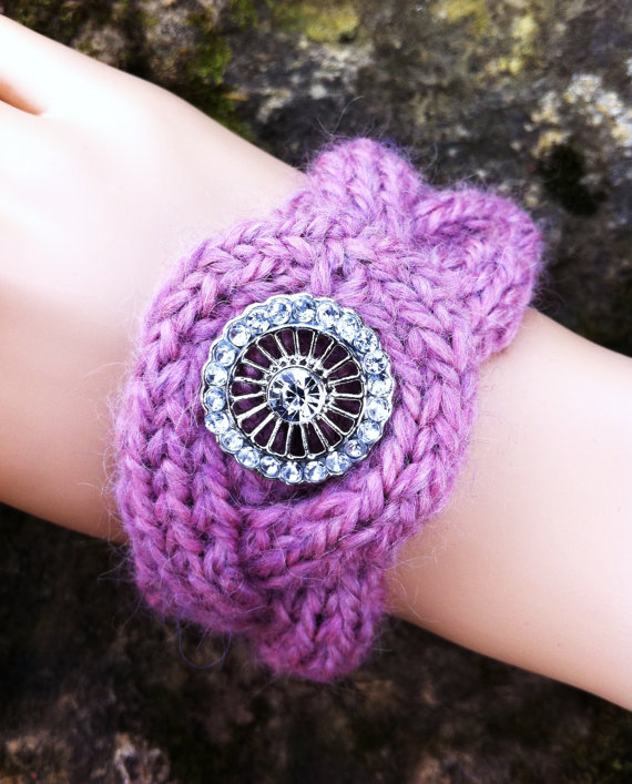 Cable Bracelet Cuff With Rhinestone Button - Thistle Super Discontinued