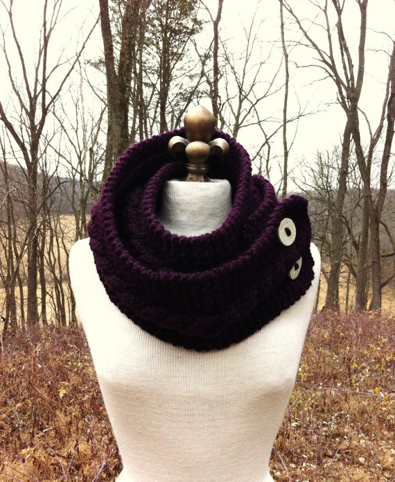Infinity Scarf Cowl With Artisan Buttons - Eggplant