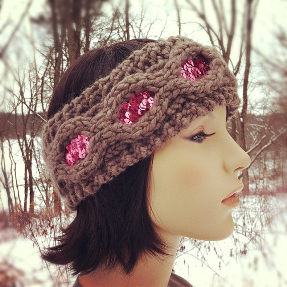 Flapper Girl Sequin Headband Earwarmer - Taupe And Pink