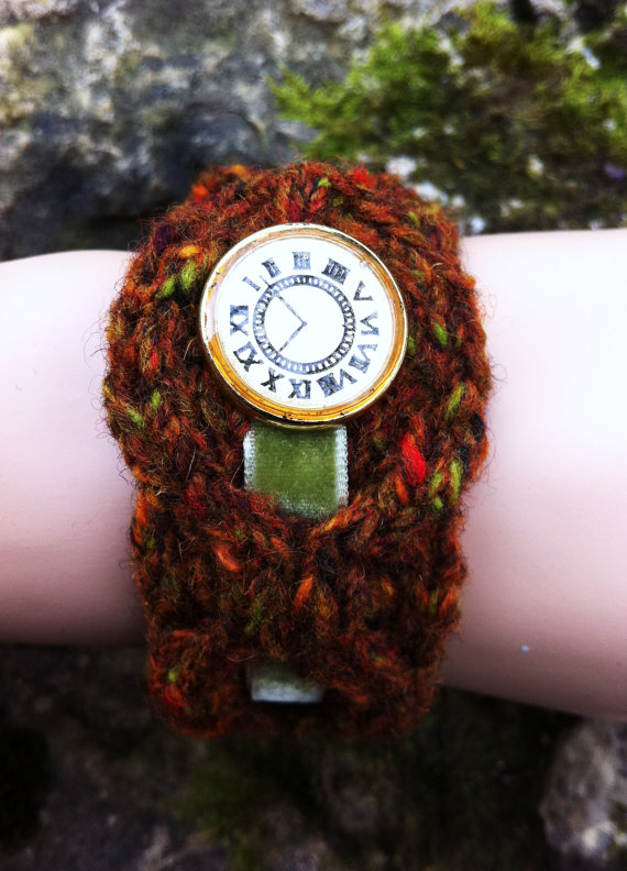 Cable Bracelet Cuff With Watch Face Button And Velvet Ribbon - Rust Tweed Super Discontinued