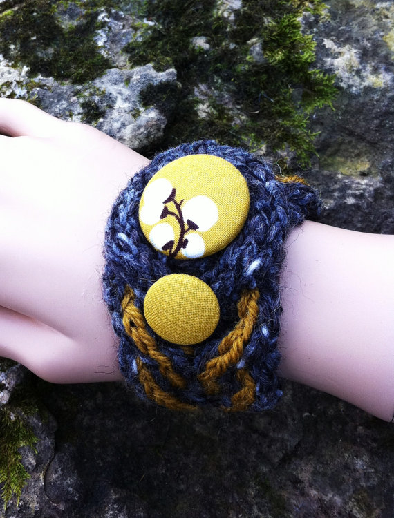 Fair Isle Cable Bracelet Cuff With Covered Buttons - Charcoal And Mustard Super Discontinued