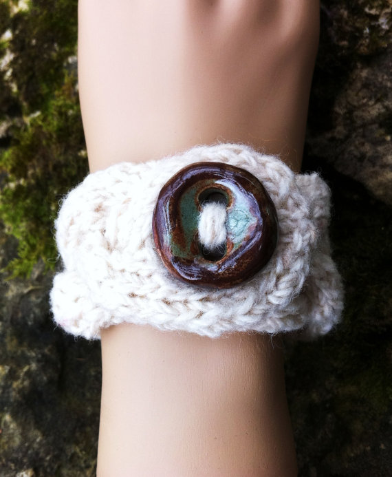 Cable Bracelet Cuff With Artisan Button - Ivory Super Discontinued