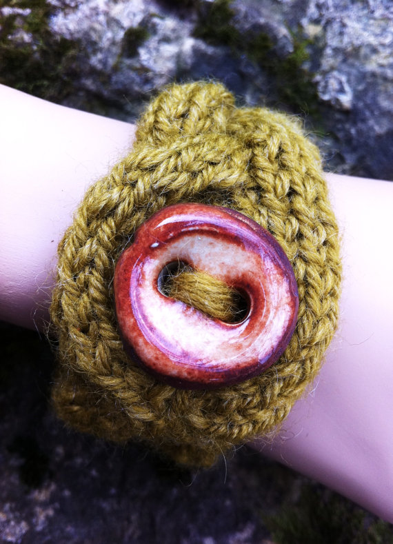 Cable Bracelet Cuff With Artisan Button - Olive Super Discontinued