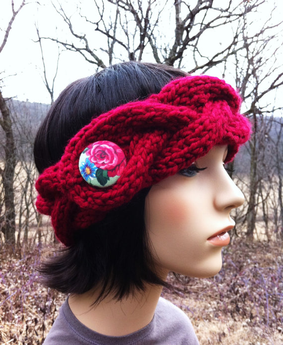 Chunky Braided Cable Headband Earwarmer With Covered Button - Cranberry Red