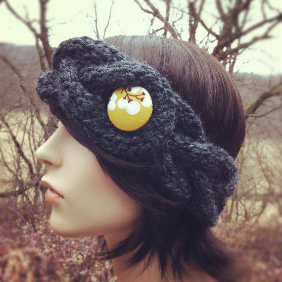 Chunky Braided Cable Headband Earwarmer With Covered Button - Charcoal - Made To Order