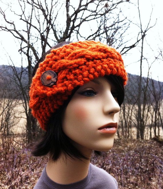 Cable Headband Earwarmer With Recycled Button - Pumpkin - Super Discontinued