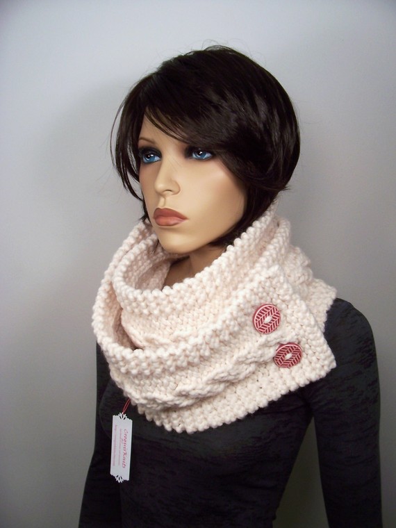 Infinity Scarf Cowl With Ceramic Buttons - Ivory - Super Discontinued