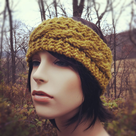Chunky Cable Headband Earwarmer - Golden Olive - Made To Order